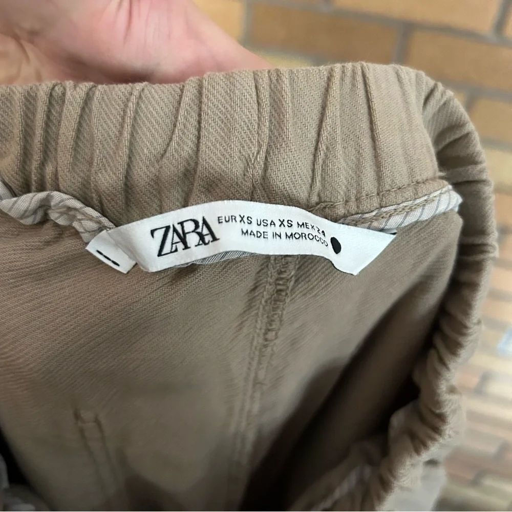 ZARA 100% Linen High Rise Khaki Tan Drawstring Slim Leg Pants Women’s Size XS